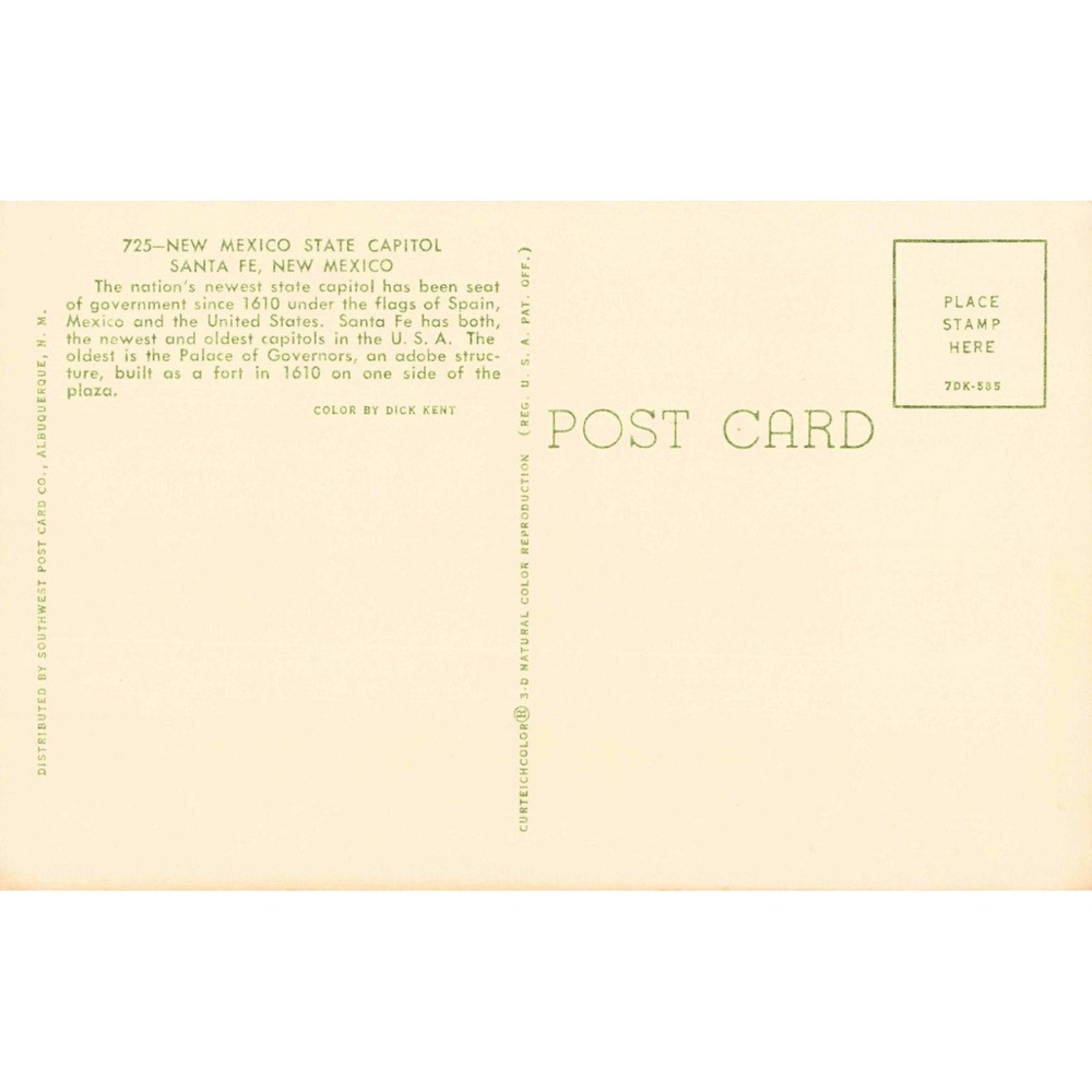 Vintage New Mexico State Capitol Santa Fe NM Postcard Dick Kent Roundhouse 725 - Picture 2 of 2